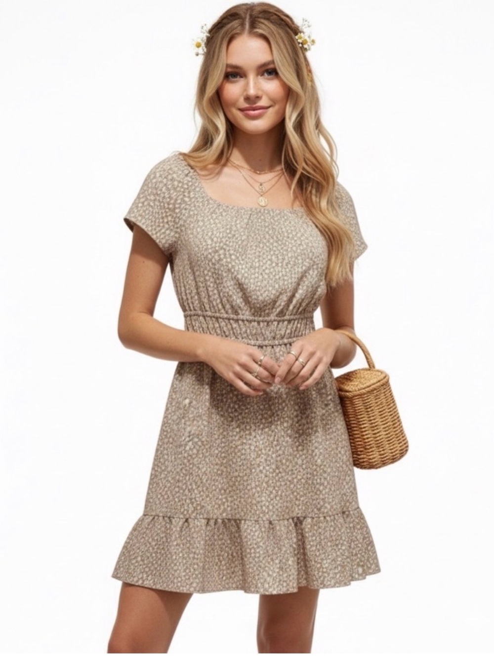 Altar'd State Beige Floral Smocked Waist Mini Dress